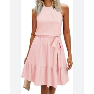 Newshows Women's Halter Dress‎ Sleeveless Belted Ruffle Hem Casual Pink Small